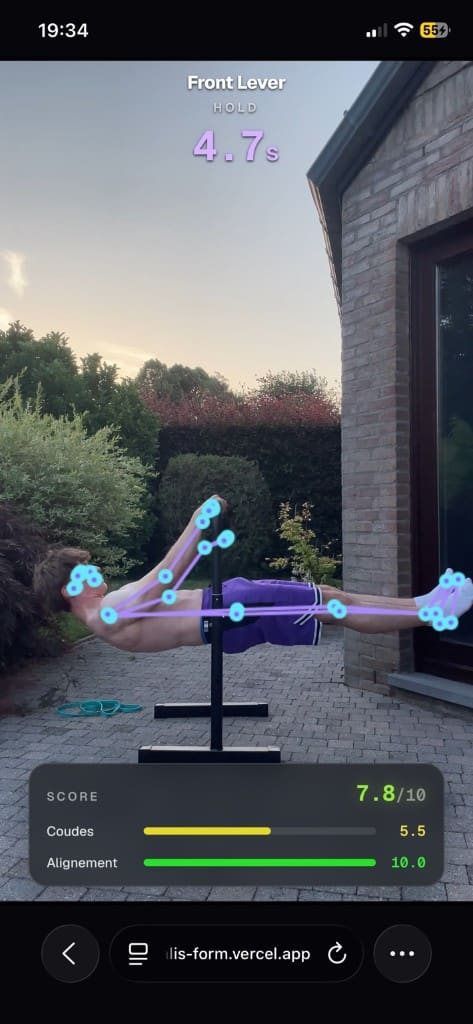 Démonstration d’analyse Front Lever avec squelette IA